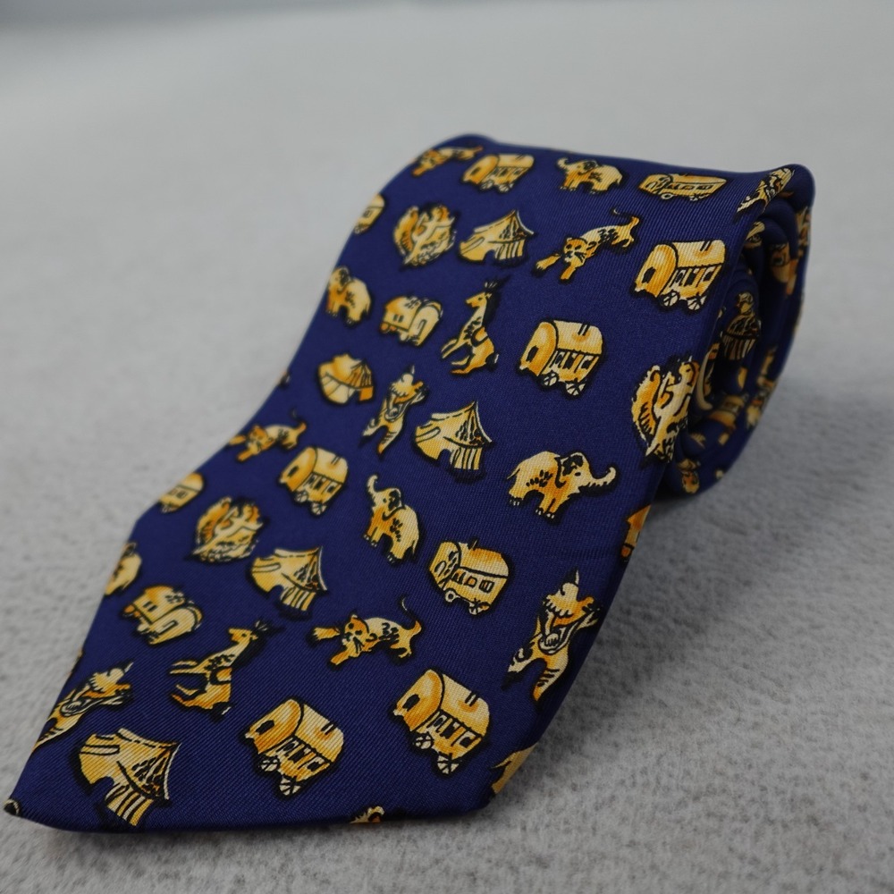 Salvatore Ferragamo Tie Blue Circus Animals 100% Silk Made Italy Mens Necktie